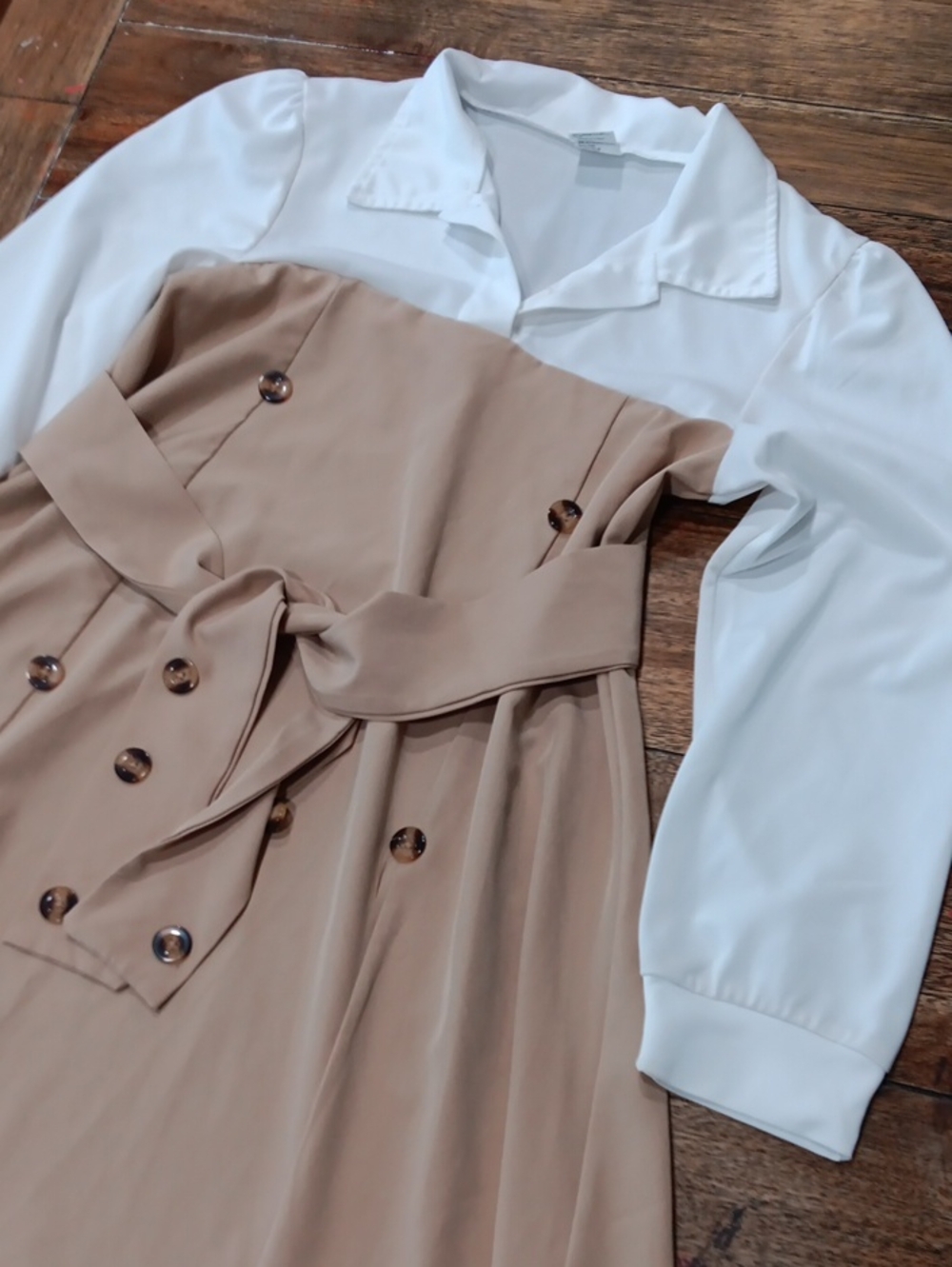 Girls Beige Trench-Style Dress with White Blouse Detail
